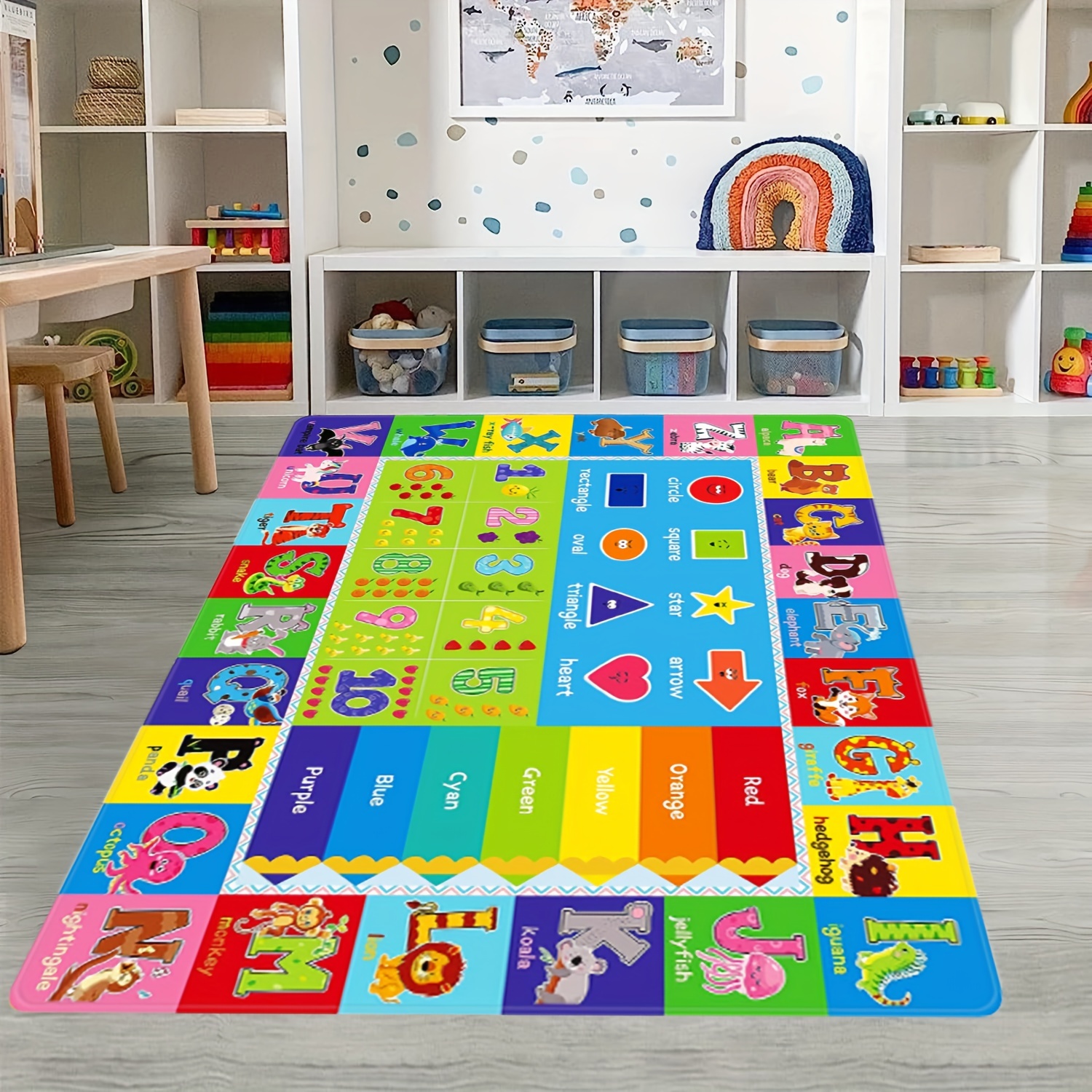 Alfombra educativa para niños, de 5 x 6 pies, gama de alfombras infantiles  para aprender letras de colores y palabras de animales, tapete lavable de