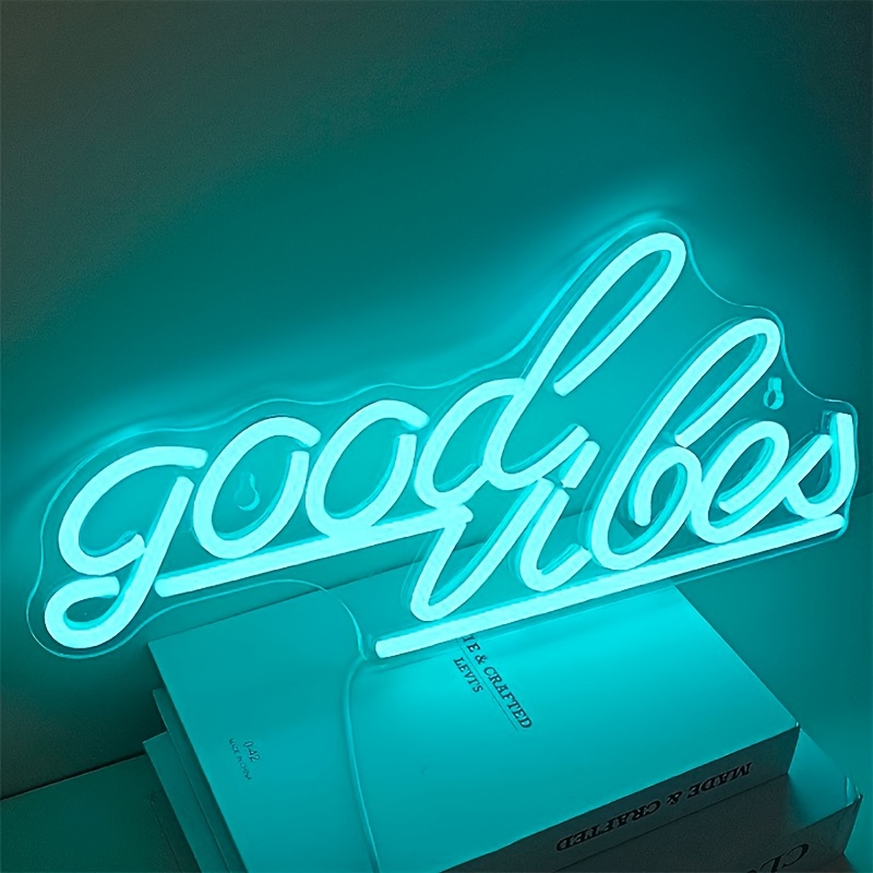 1 Stück „Good Vibes“-Leuchtreklame In Buchstabenmusterform, Eisblau,  USB-betrieben, Dimmbar, Schalter, Raum, Geschäft, Party, Nachtclub, Bar
