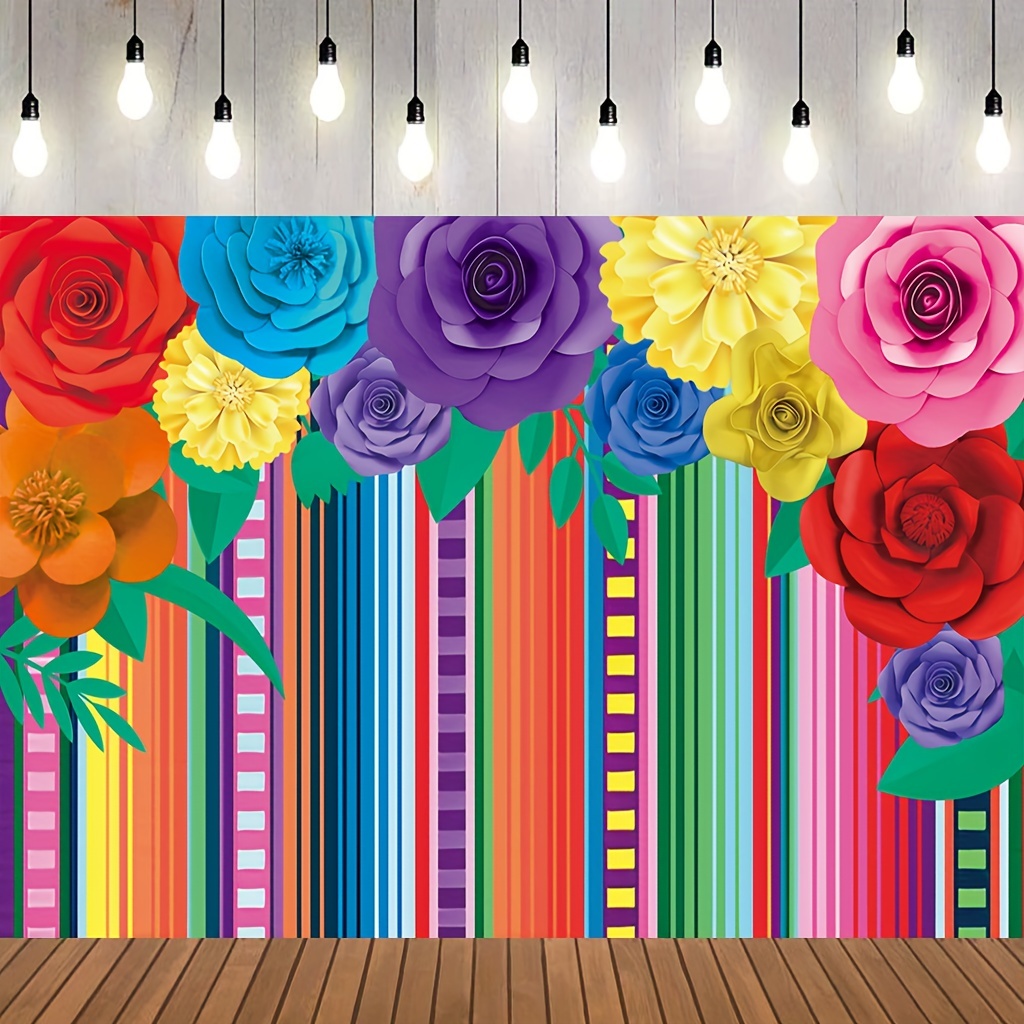 Mexican Theme Party Striped Backdrop Fiesta Cinco De Mayo Paper Flowers  Background Party Decoration for Cake Table Decor Photo Booth 
