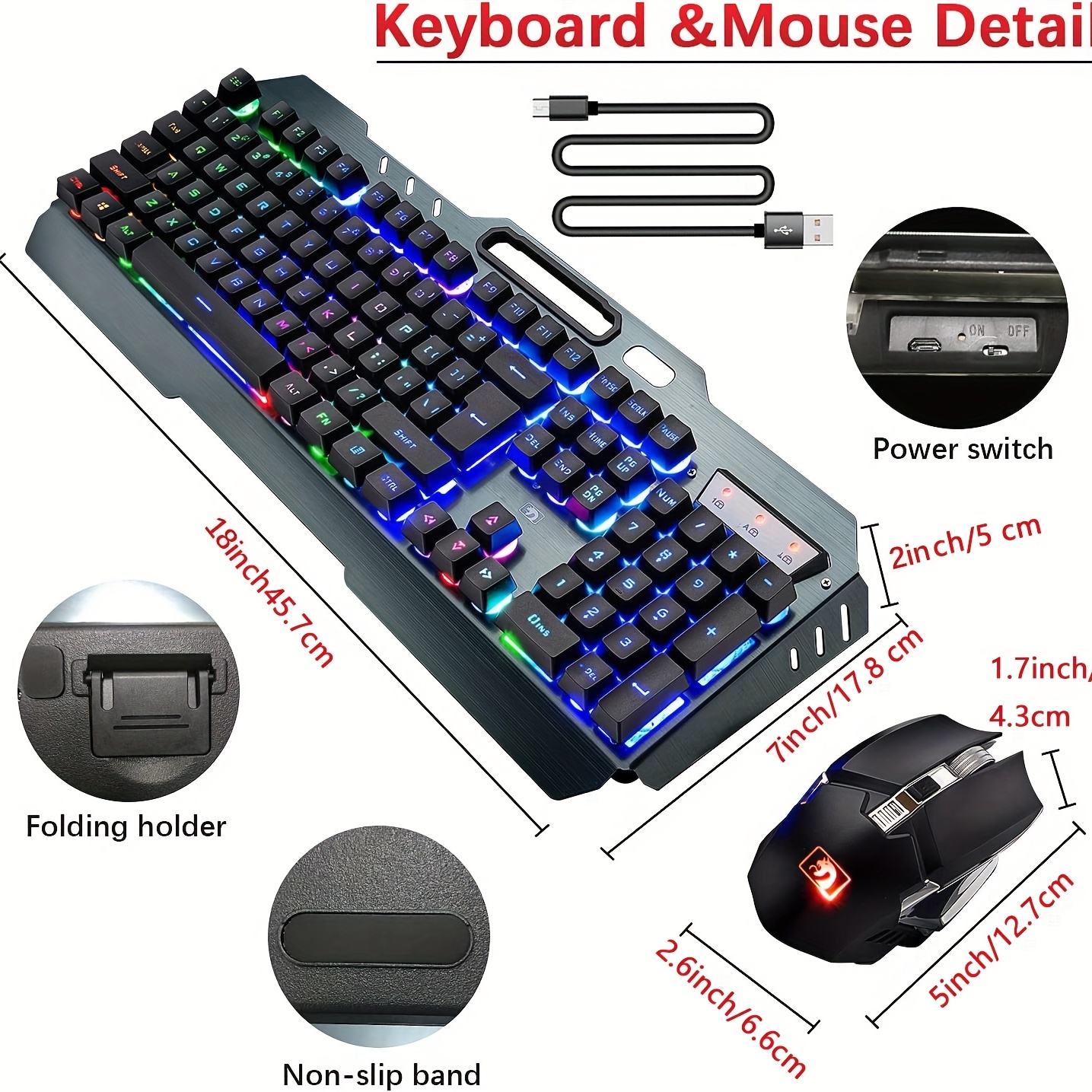 Teclado y ratón inalámbricos para juegos, ratón de teclado recargable con  retroiluminación de arco iris con panel de metal de batería de 3800 mAh,  teclado mecánico de reposamanos extraíble y ratón silencioso