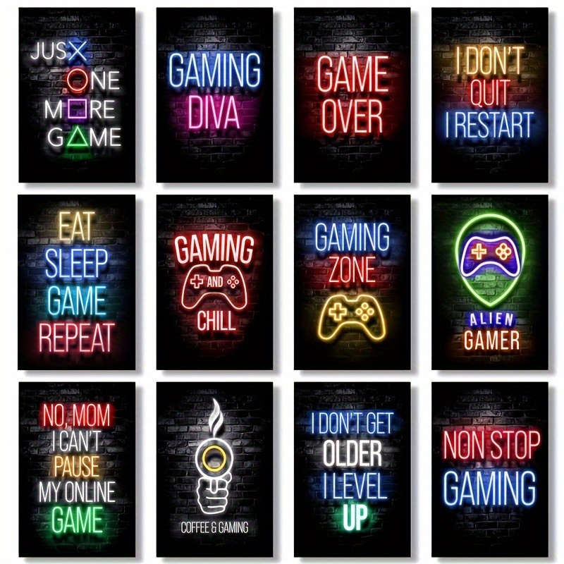 12pcs/set Neon Style Video Game Posters Wall Art, Playroom Home Wall Decor,  No Frame