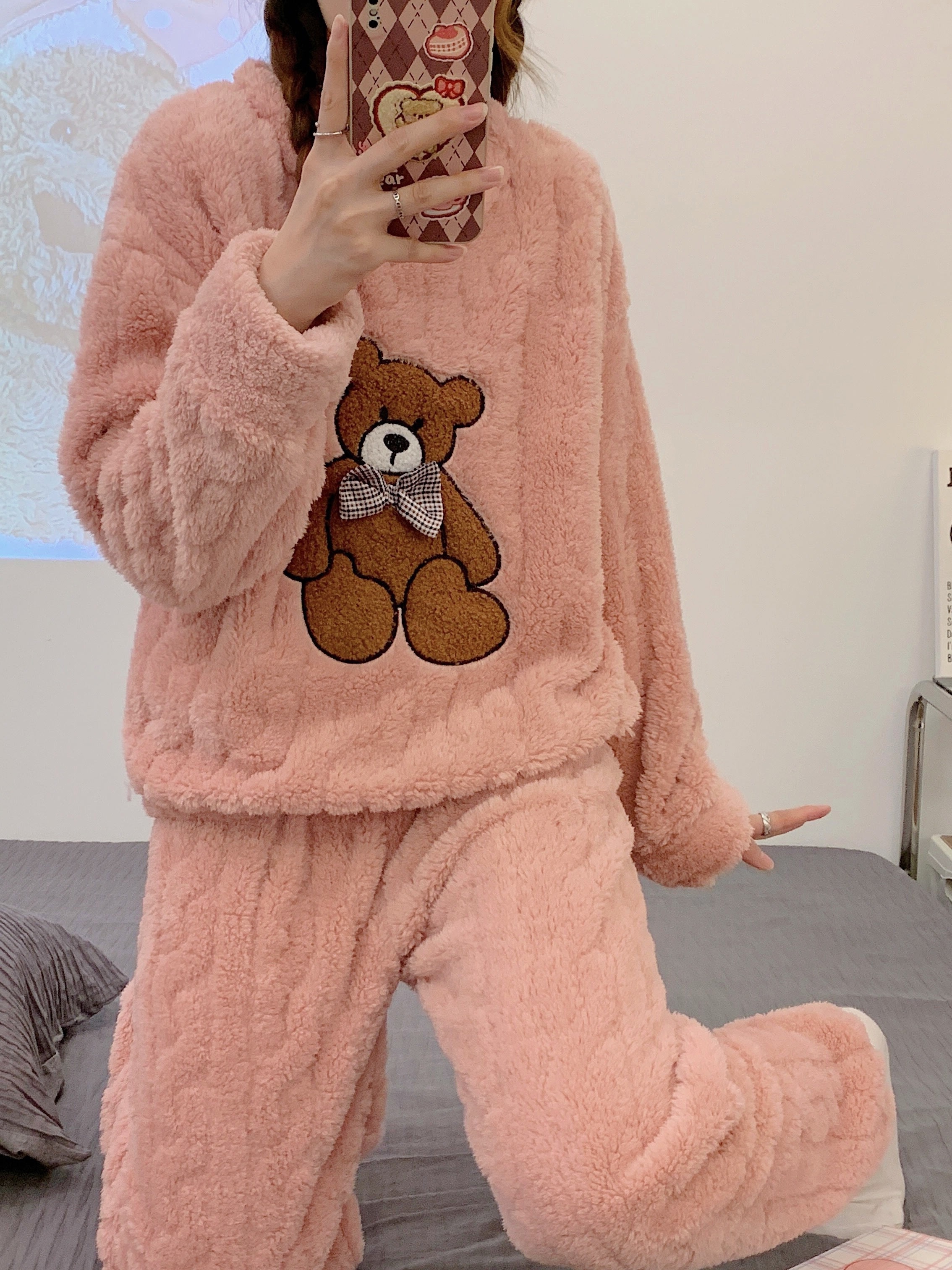 Cartoon Bear Fuzzy Pajama Set Long Sleeve Crew Neck Top - Temu