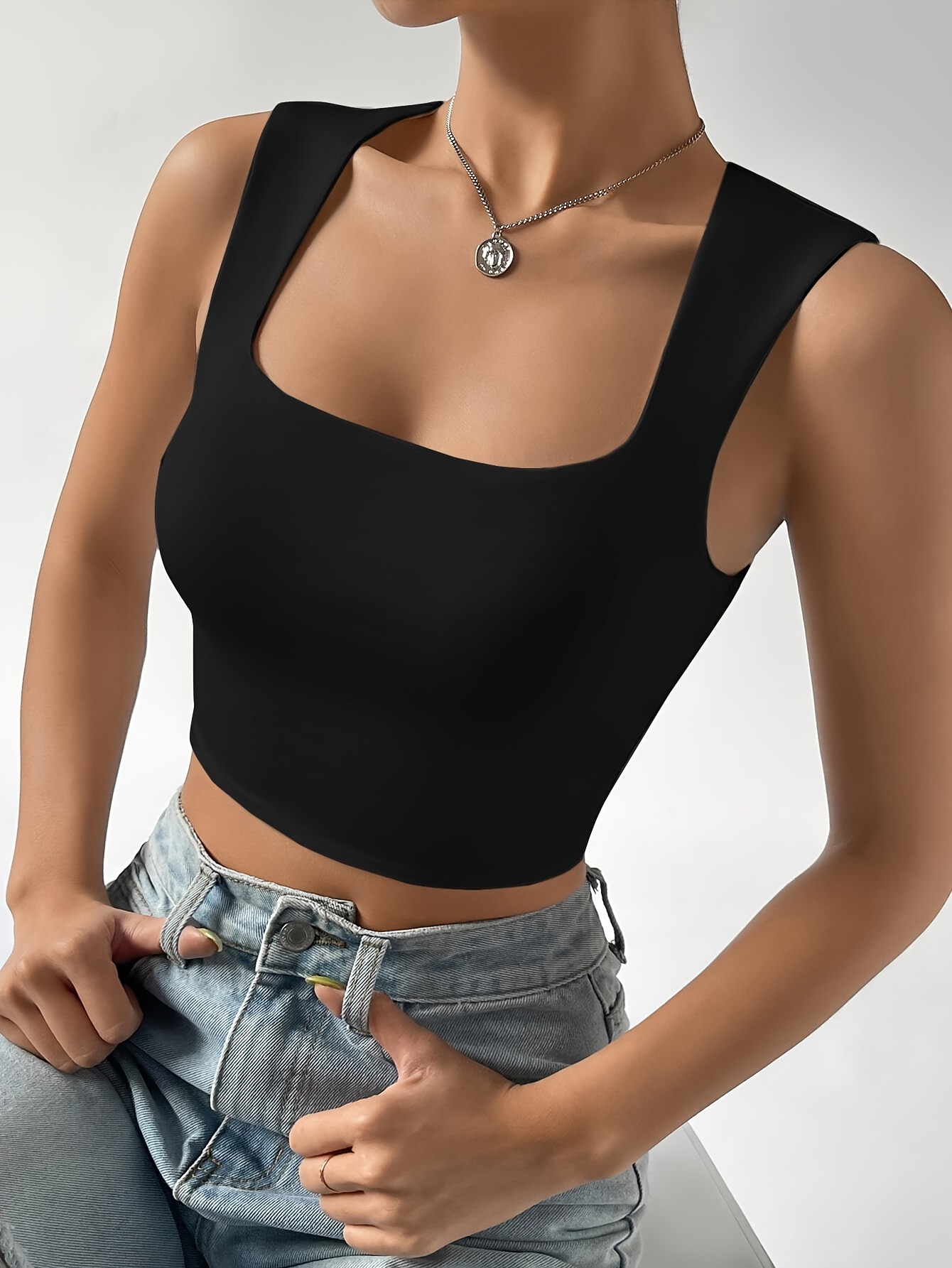 Ribbed Crop Tops Sexy Square Neck Sleeveless Summer Tank Top - Temu