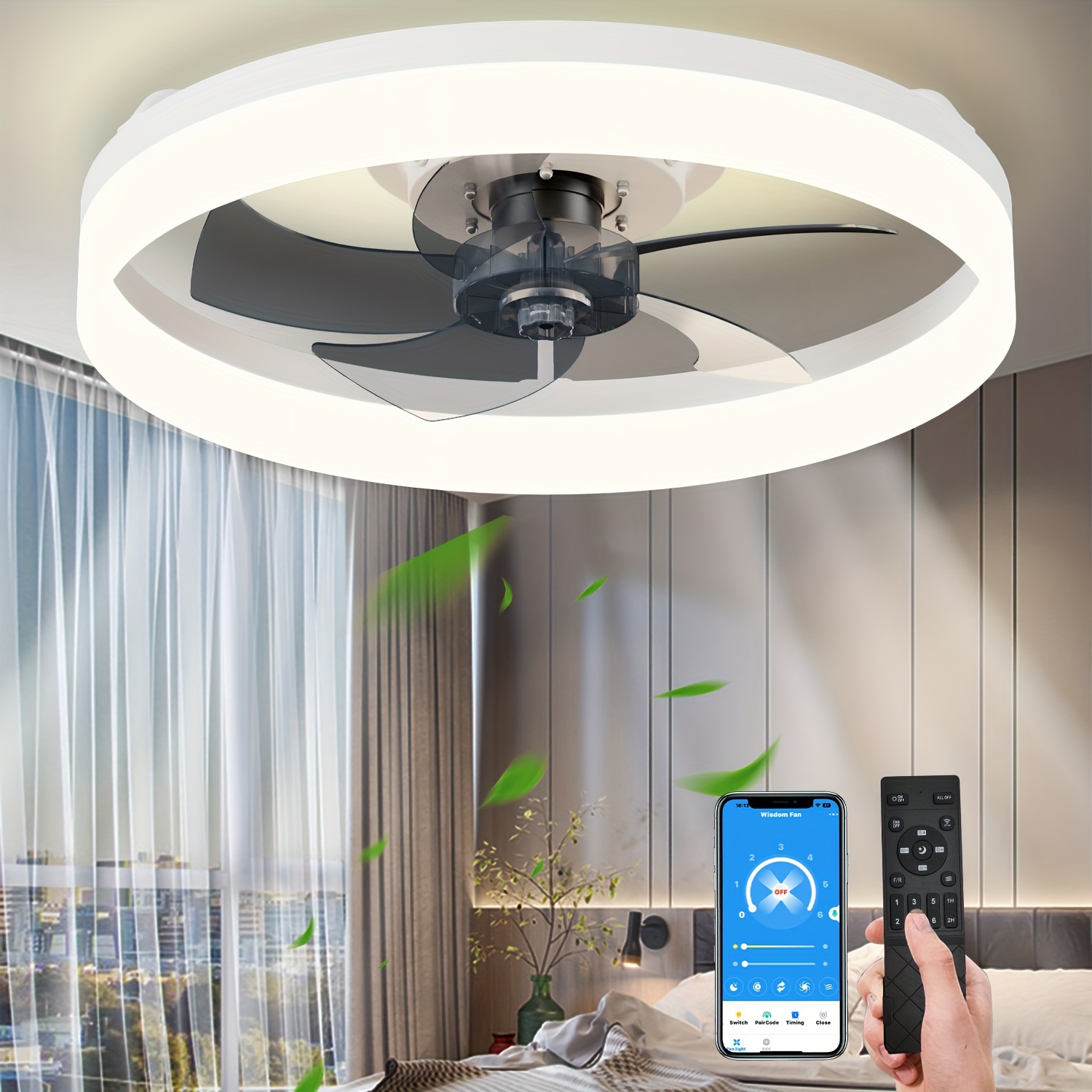 Surnie Ceiling Fan with Light, Modern Flush Mount Low Profile, Dimmable and  Bladeless Ceiling Fans with Remote Control, Smart 3 Light Color and 6