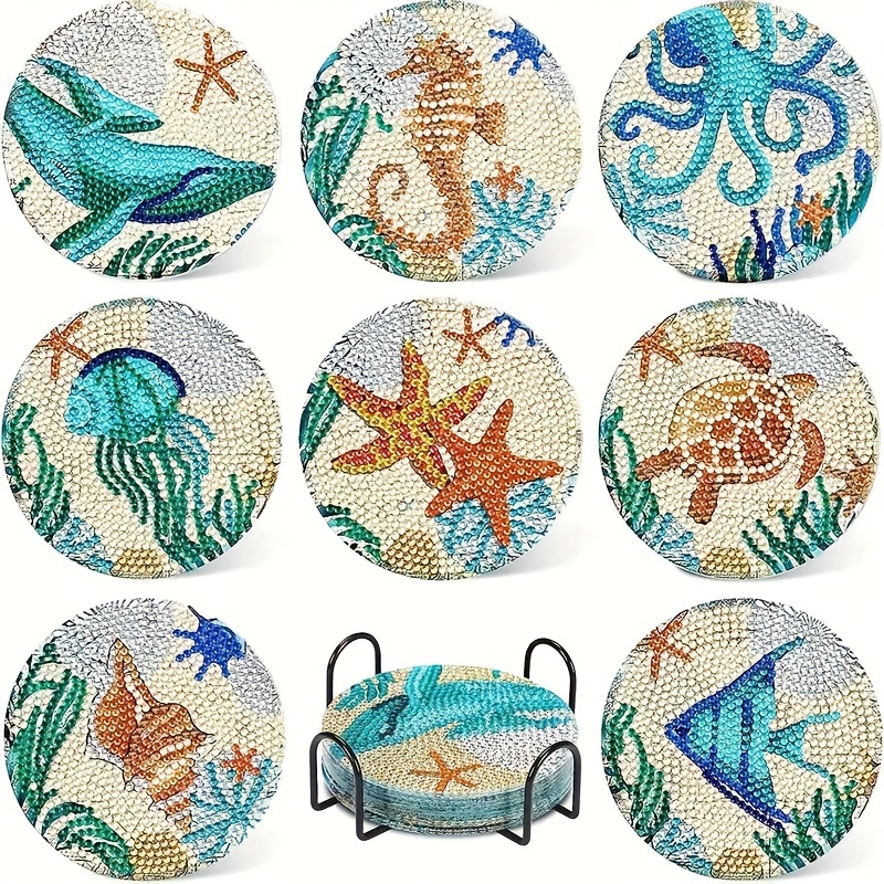 

8pcs/set 10x10cm/ 3.94x3.94inch Diamond Painting Kit - Diamond Painting Coasters With Holder - Diy White Undersea World Coasters - Can Be Washed With Water - For Beginners, Adults & Art Craft Supplies