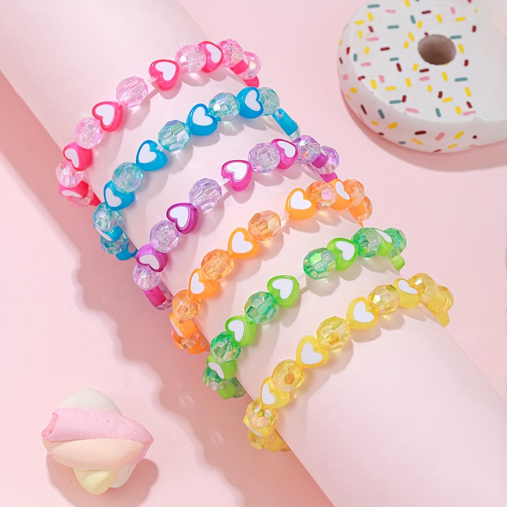 

6pcs Cute Colorful Hearts Decor Acrylic Beaded Bracelets, Holiday Gift For Best Friend