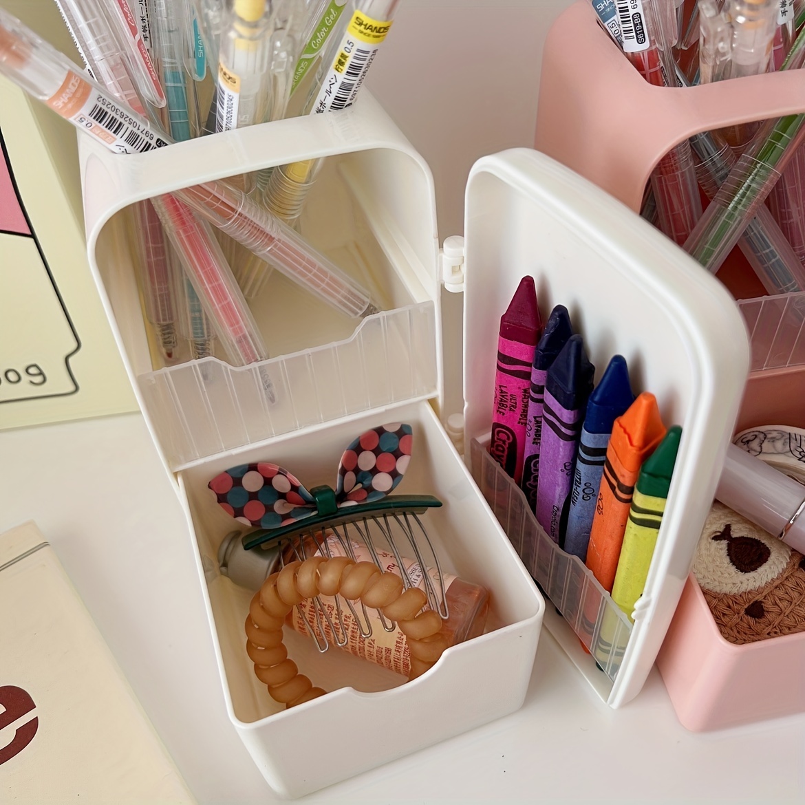 Cute Pencil Holder, Mini Refrigerator Shaped Pen Holder Pencil Container  for Desk Makeup Brush Storage Organizer for Desktop(White)