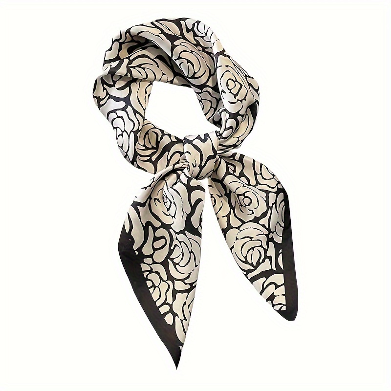 

27.55" Black White Rose Printed Square Scarf, Vintage Style Thin Silky Neck Scarf, Spring Outdoor Sunscreen Headscarf For Women