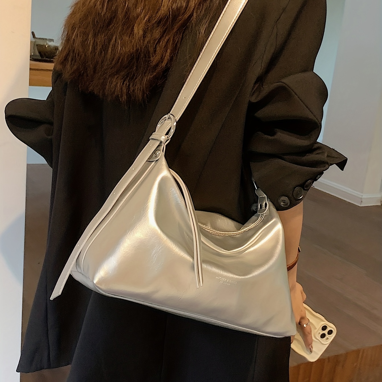 Solid Color Zipper Shoulder Bag, Large Capacity Faux Leather Sling Bag, Adjustable Strap Crossbody Bag,Temu