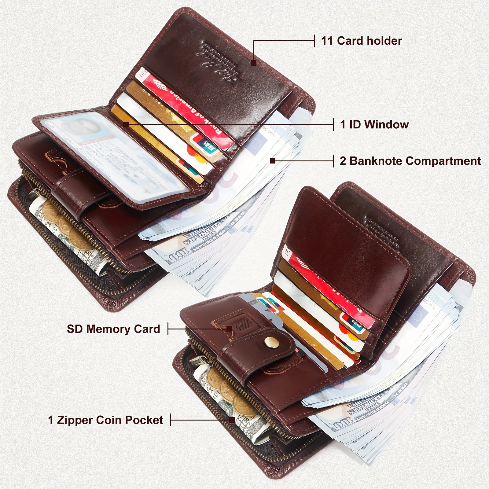 1pc mens wallet with chain genuine leather rfid blocking bifold wallet with anti theft chain