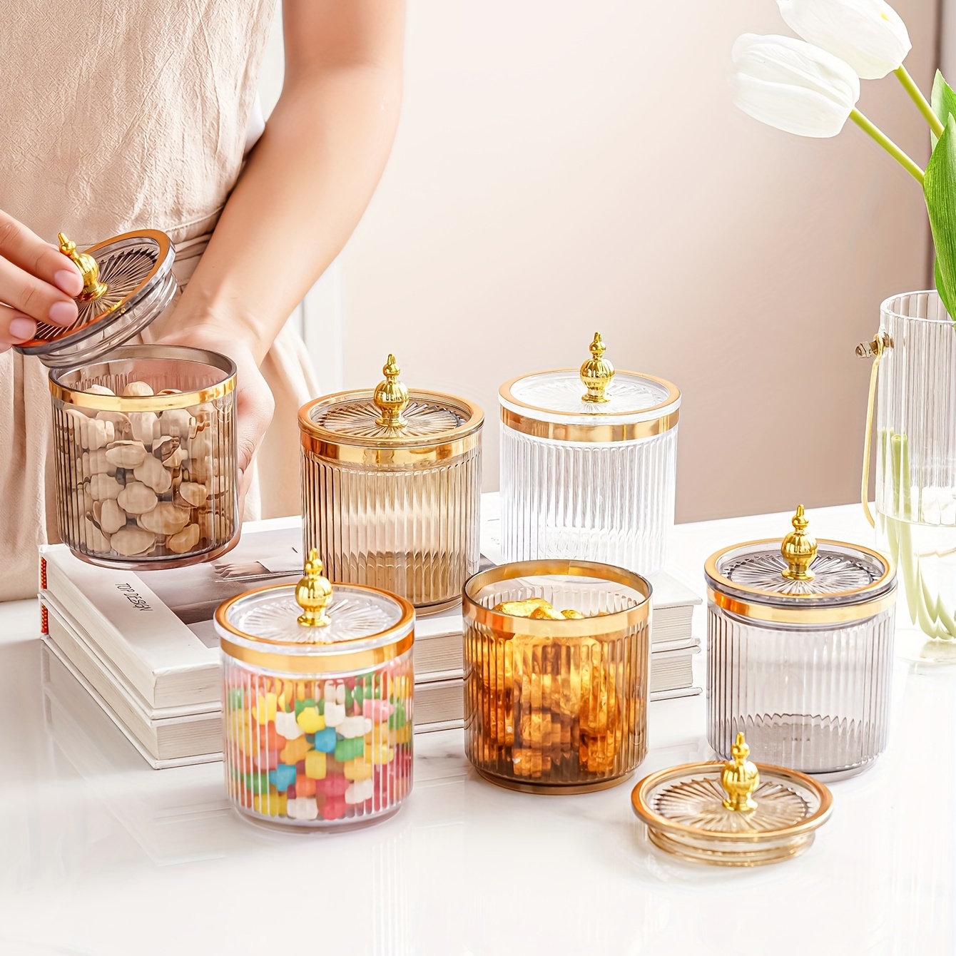 1pc Transparent Amber Sketch Gold Grey Bead Decor Sealed Jar, Candy Jars  With Lids, Plastic, Hand Wash Only, Reusable Sealed Fresh-keeping Box, For  Ce