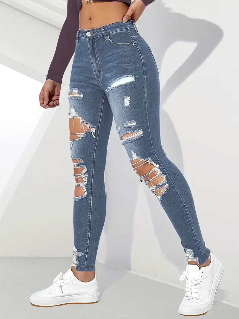 Jeans ajustados rasgados ajustados, pantalones de mezclilla desgastados  elásticos con bolsillos oblicuos, jeans y ropa de mezclilla para mujer