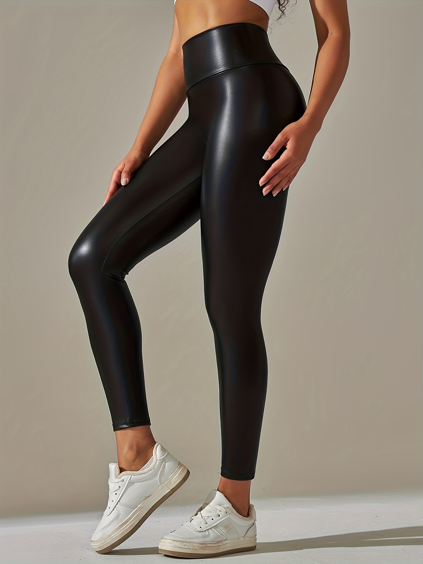 Womens Black Faux Leather Leggings Stretch Sexy High Waisted Slimming  Skinny S