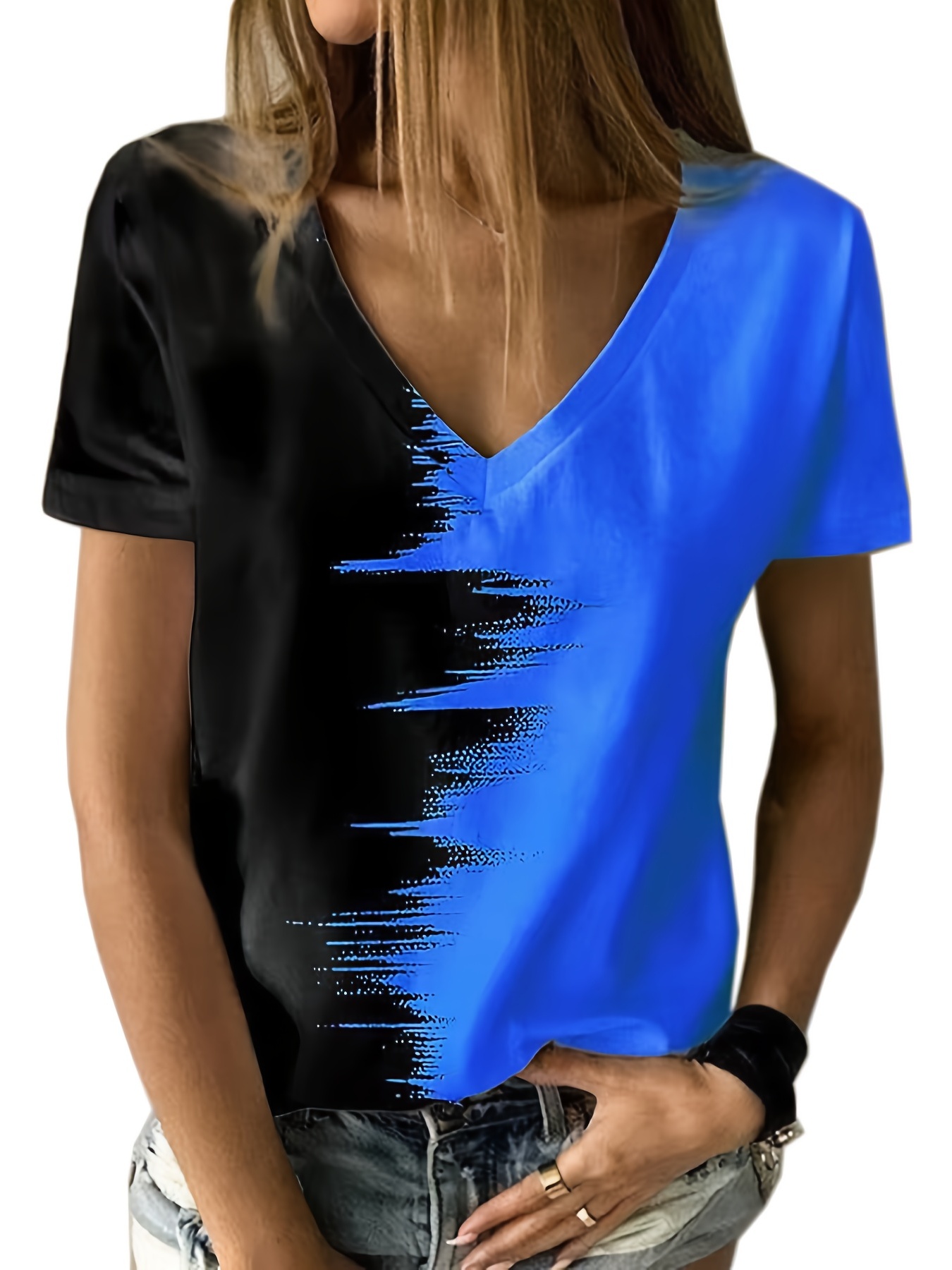 Niuer T Shirt for Women Short Sleeve Color Block Casual V Neck Blouse  Leisure Chic Tuinc Tops 