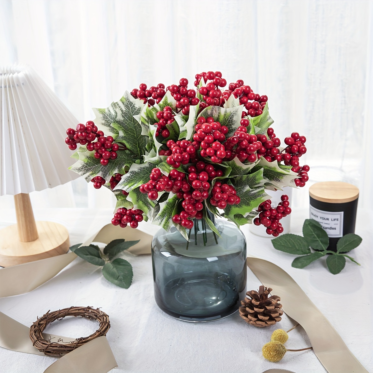 3pcs, Spring Festival Delight: Artificial Red Holly Fruit Simulation Beans  Picks Lifelike Berries Bouquet New Year Spring Festival Home Decoration For