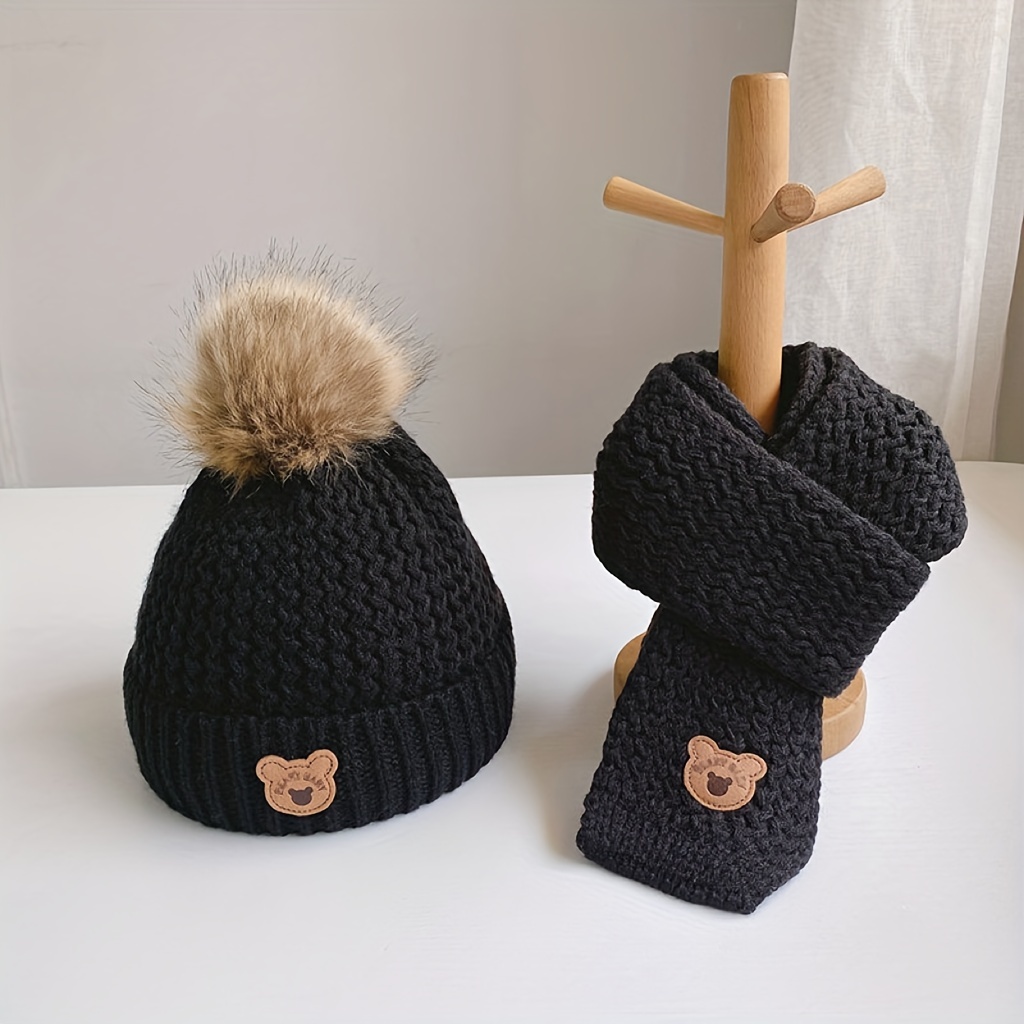 Acheter Ensemble écharpe et chapeau ours à oreilles pour enfants, chapeau  en laine tricoté en peluche et chaud pour garçons et filles