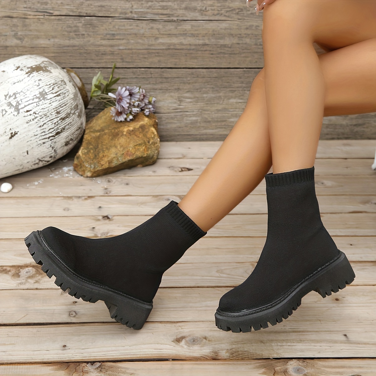 Women's Thick-soled Short Boots, Knitted Round Toe Socks Shoes - Temu