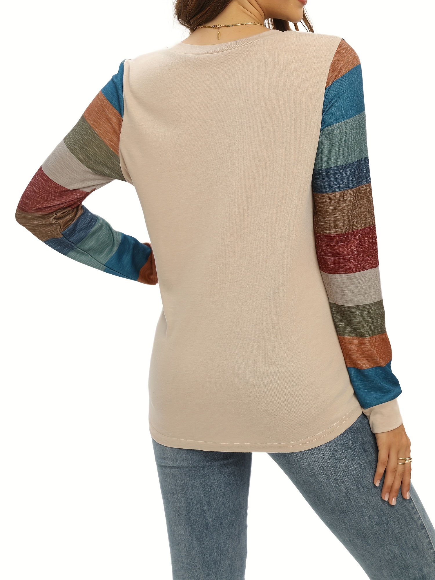 colorblock stripe print v neck t shirt casual button front long sleeve top for spring fall womens clothing apricot 1