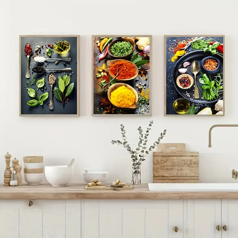 3pcs Imágenes de cocina para decoración de pared, impresiones de lienzo de  especias y cuchara, arte de pared de lienzo vintage, impresión de pintura