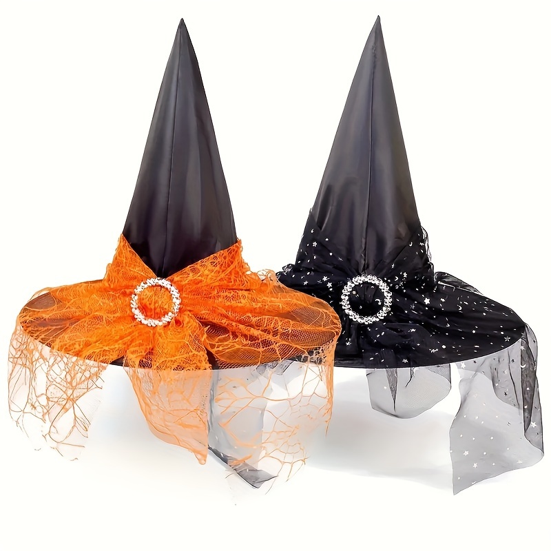 Halloween Witch Hat Decorative Mesh Pumpkin Print Magician Pointed Wizard Hat