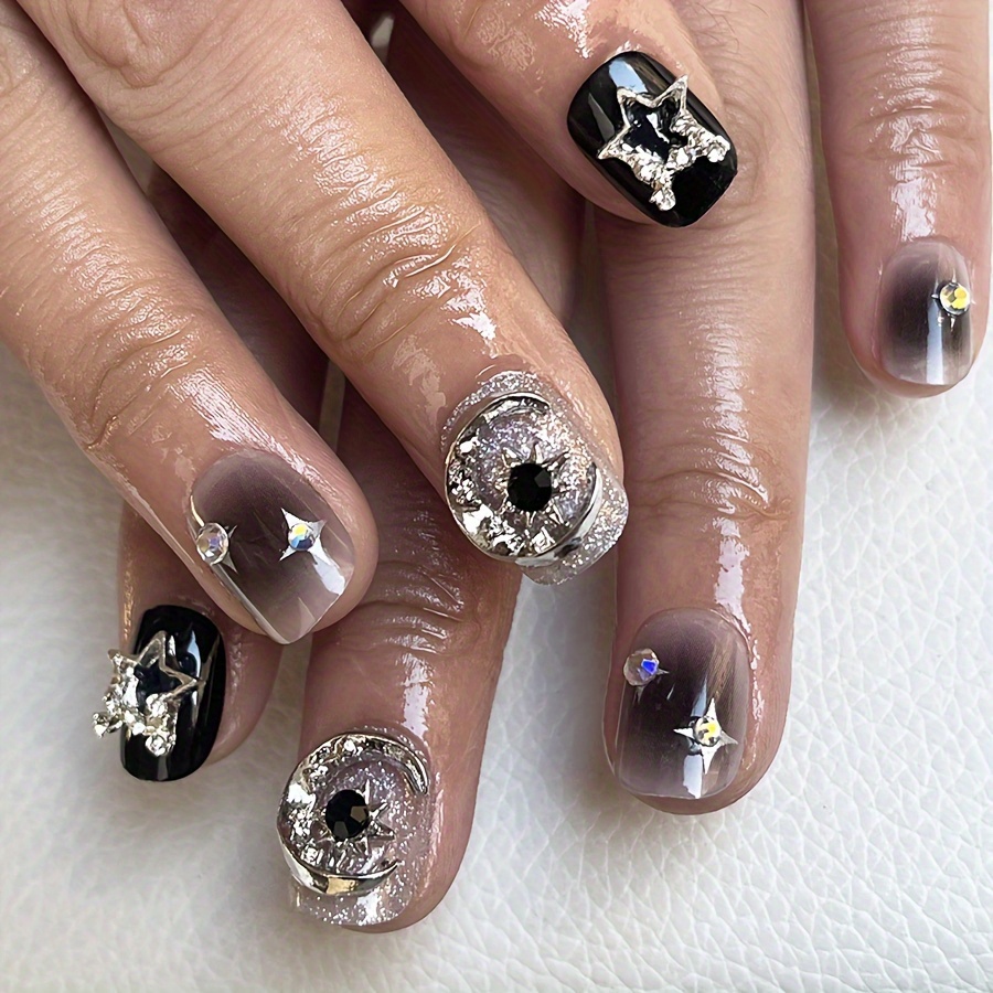 Jiaruo Y2k Gold Star And Moon Nails Short Round Press On - Temu