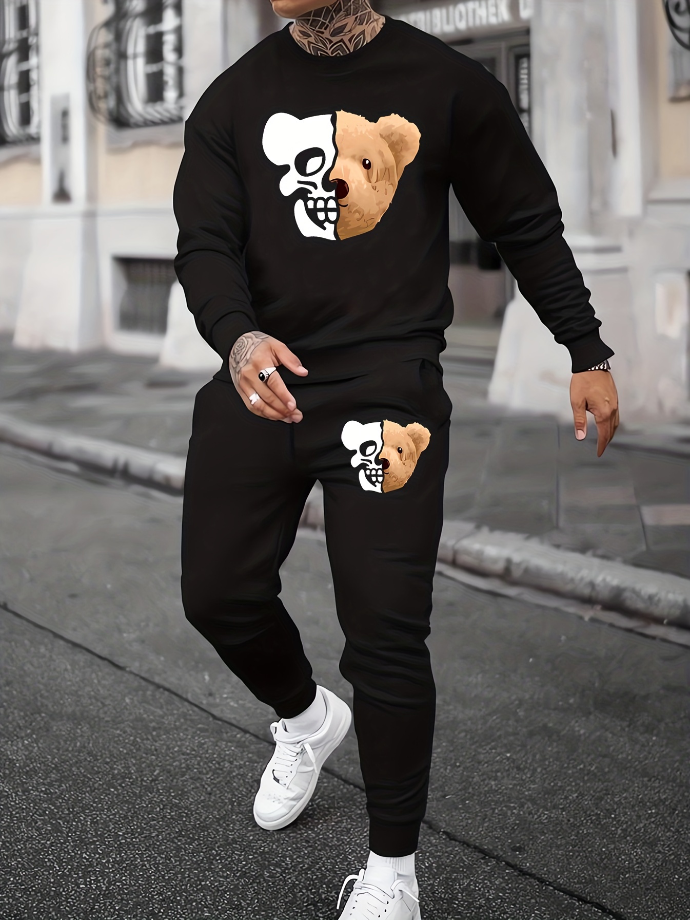 Doble Face Bear Print Men's Outfits Casual Crew Neck Long - Temu