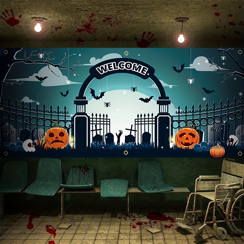 1pc happy halloween garage banner 157in 71in 400cm 180cm scary yard pumpkin pattern garage door decoration polyester with holes with rope hanging cloth mural door decoration for indoor outdoor yard holiday party backdrop arrangement details 7