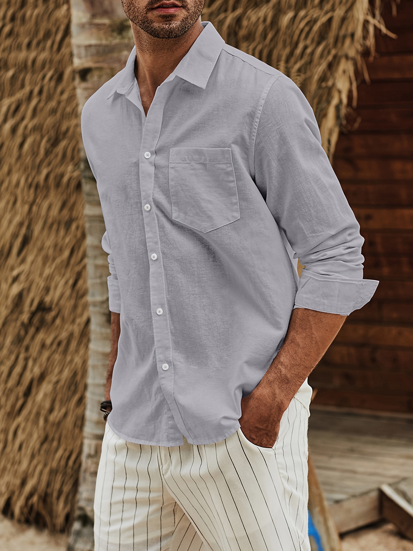 Men's Lapel Long Sleeve Casual Shirt Linen Basic Style - Temu