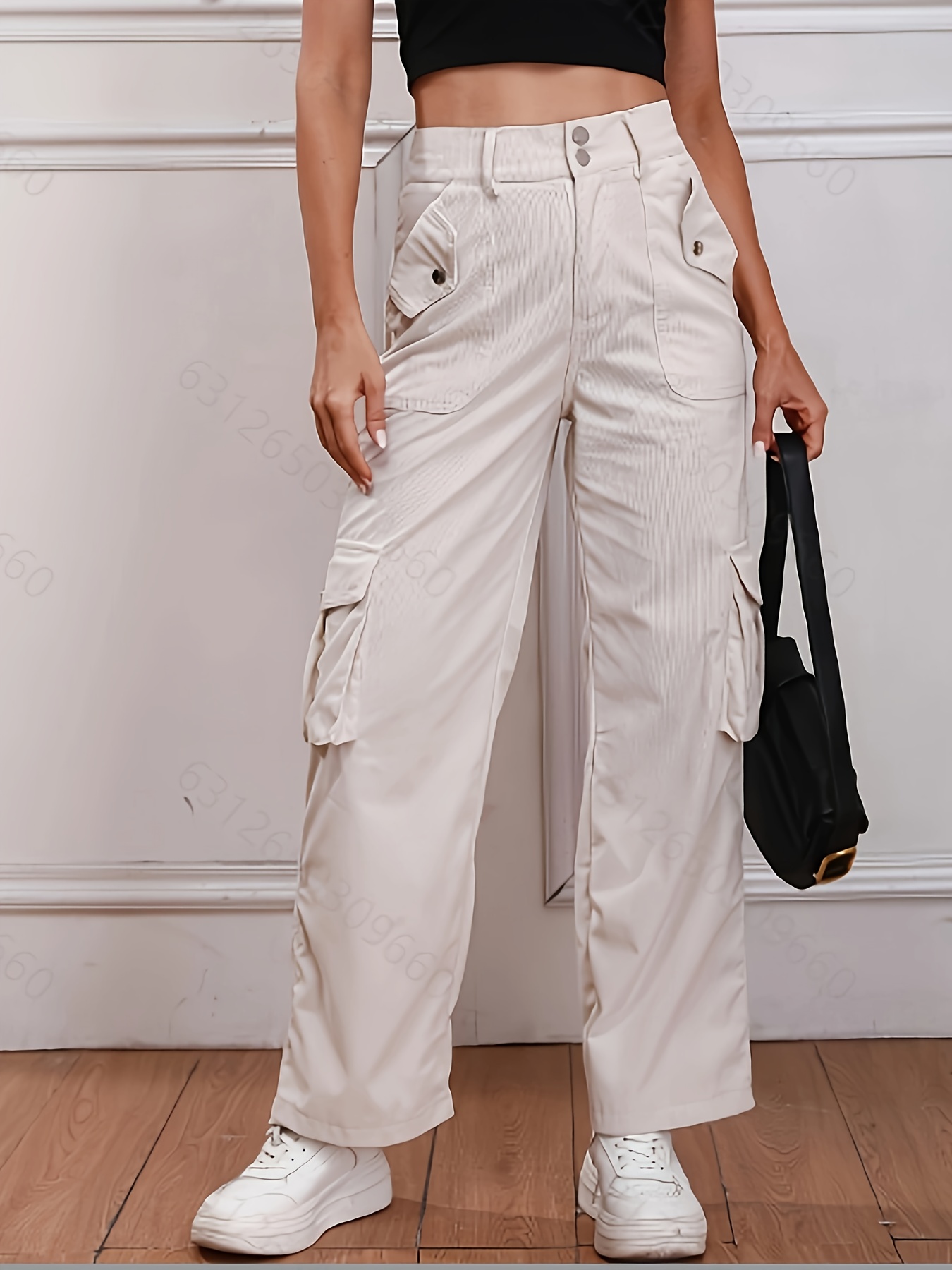 Solid Flap Pocket Cargo Pants, Vintage High Waist Loose Pants, Women's  Clothing