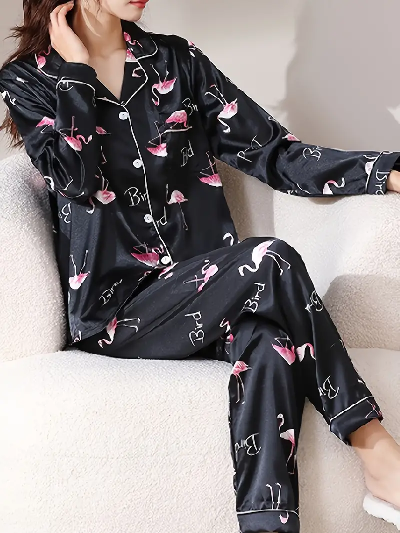 Flamingo Print Pajama Set, V Neck Cami Crop Top & Elastic Waistband Pants,  Women's Sleepwear & Loungewear