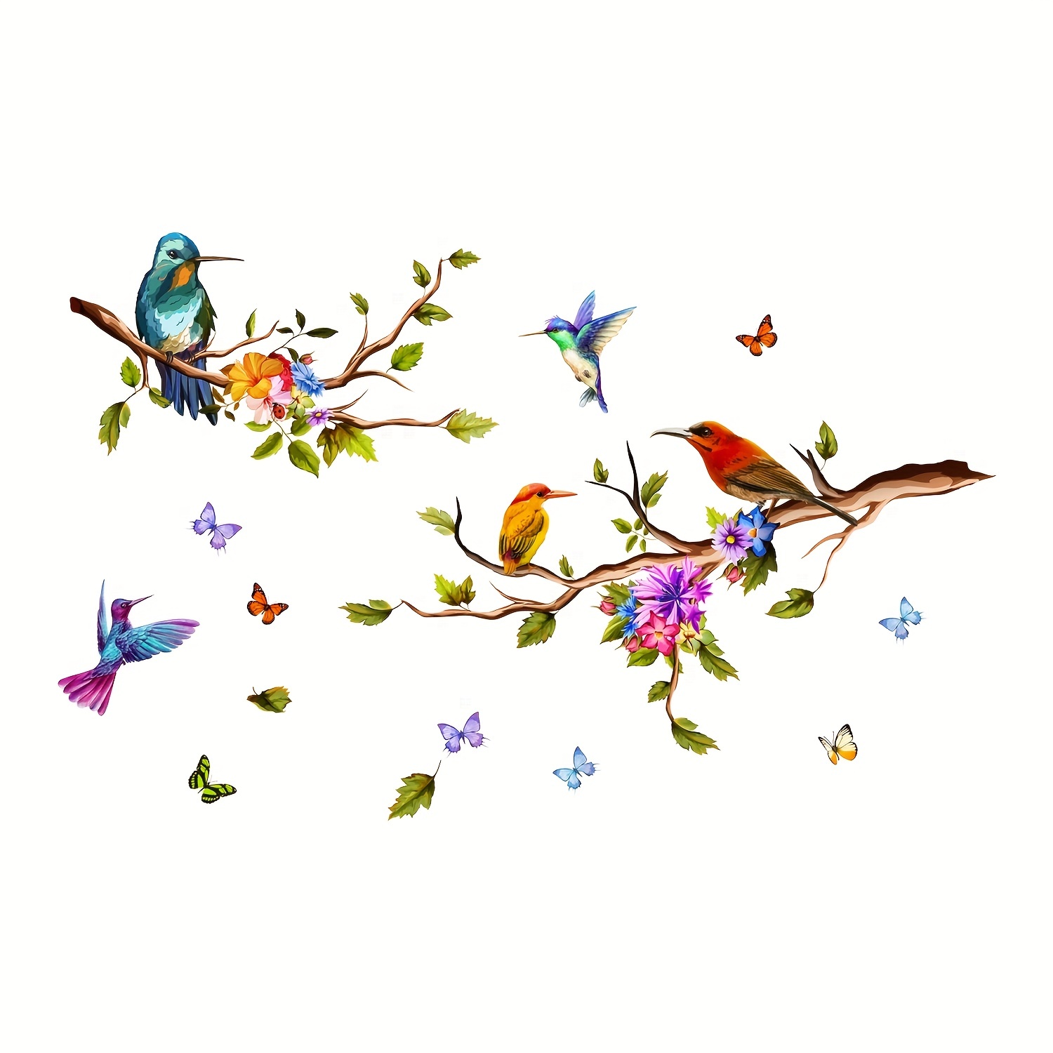 Muursticker fleurs bleues sticker mural branches oiseaux papillon autocollant  mural