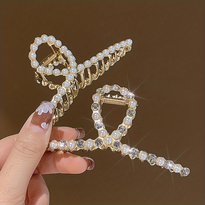 

Flash Rhinestone Cross Shark Clip Elegant Imitation Pearl Hairpin Back Head Strong Hold Alloy Grab Clip