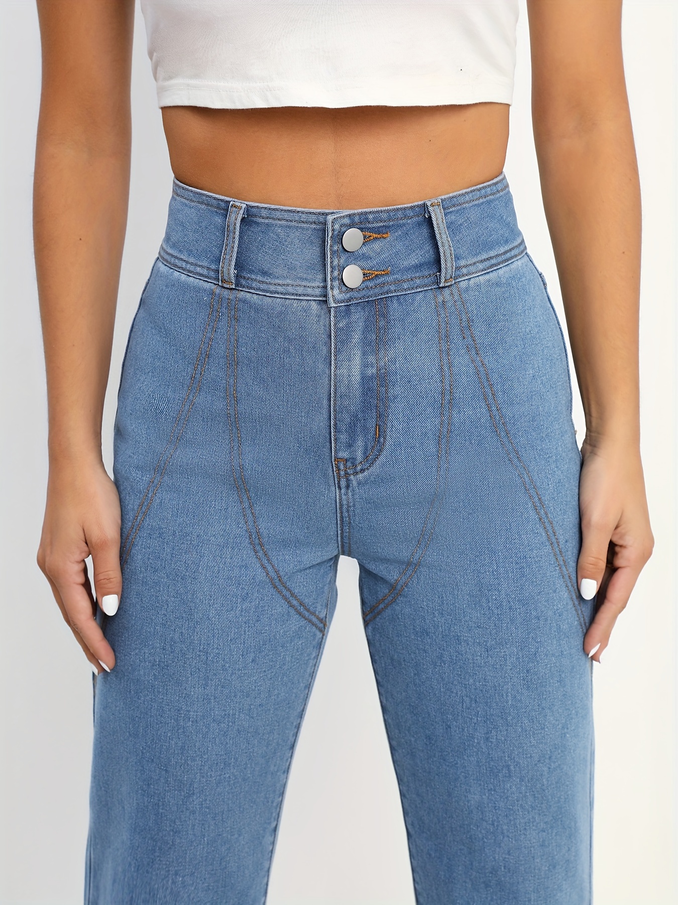 Blue Double Button Straight Jeans, Non-Stretch Slant Pockets Loose Fit  Denim Trousers, Women's Denim Jeans & Clothing