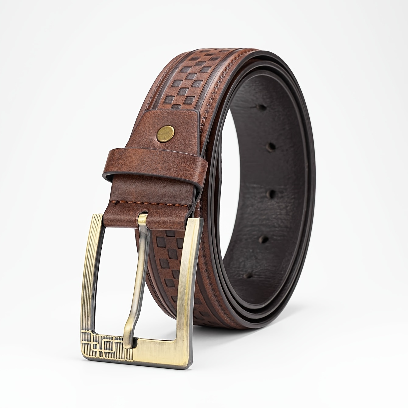 Men's Checkered Pattern Genuine Leather Belt, Alloy Pin Buckle