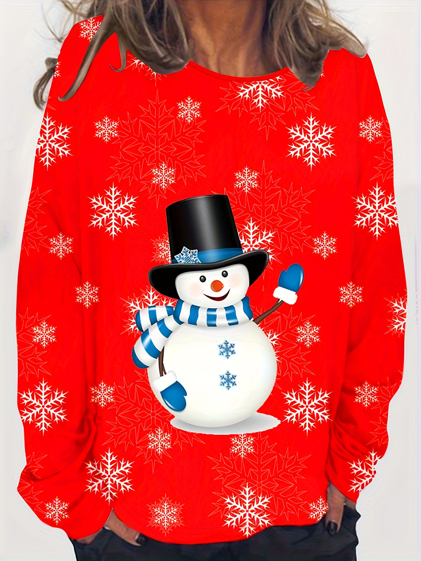 Plus Size Christmas Top, Women's Plus Cute Snowman Print Long Sleeve Round  Neck Slight Stretch Top