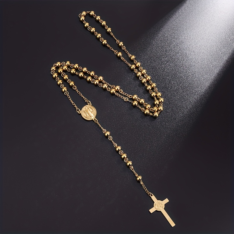 

1pc San Benito Golden Plated Stainless Steel Priest Saint Benedict Rosary Necklace Pendant Jewelry For Men