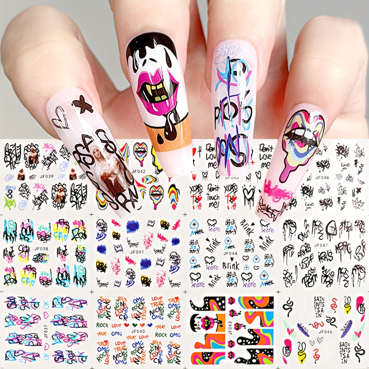 Halloween Water Stickers, Abstract Graffiti English Nail Art Stickers,  Halloween Mouth Skull Ghost Pumpkin Spider Web Eyes Butterfly Love Water  Transfer Printing Nail Decal Decoration, Suitable For Diy Or Nail Salon Nail