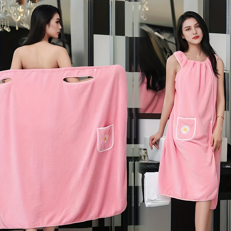 Solid Color, Thick, Soft, Water-absorbent, Extra Long, Bath Towel Dress  With Adjustable Shoulder Strap