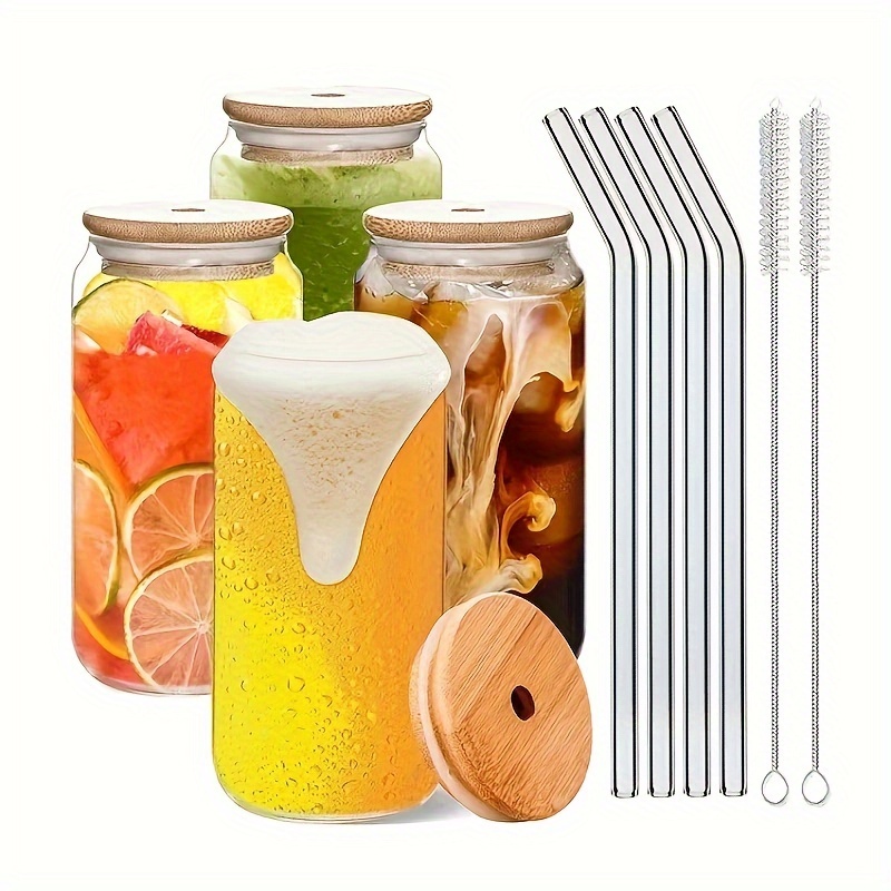 [ 8pcs Set ] Drinking Beer Glasses with Bamboo Lids and Glass Straw - 16oz  Can Shaped Glass Cups, Iced Coffee Glasses, Cute Tumbler Cup, Ideal for  Cocktail, Whiskey, Gift - 2 Cleaning Brushes: Highball Glasses 