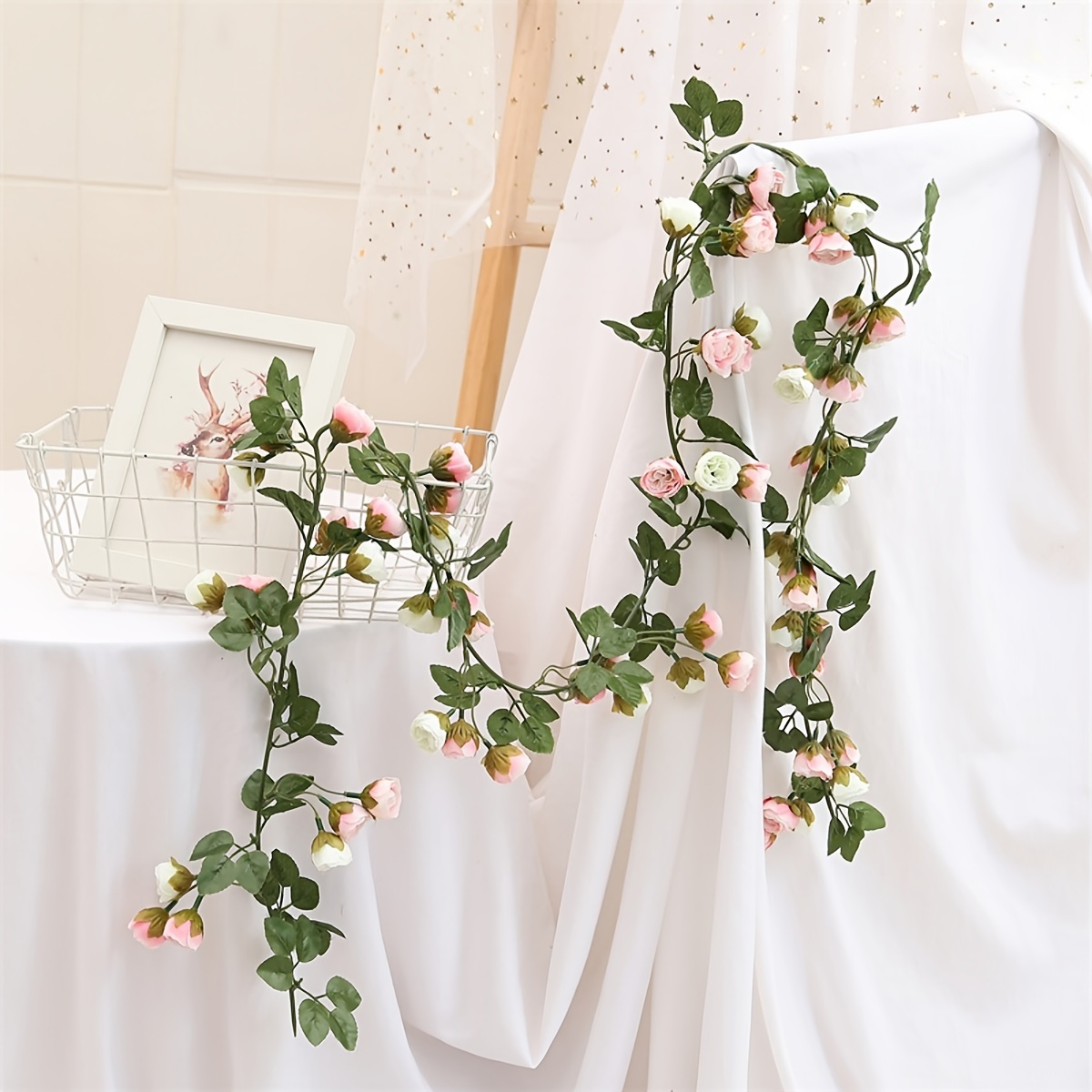 1pc 66 Heads Artificial Garland, Faux Roses Garland With Fake Flower And Leaves, Lifelike Plant For Wedding Arch Arrangement Party Garland For Room Home Decor