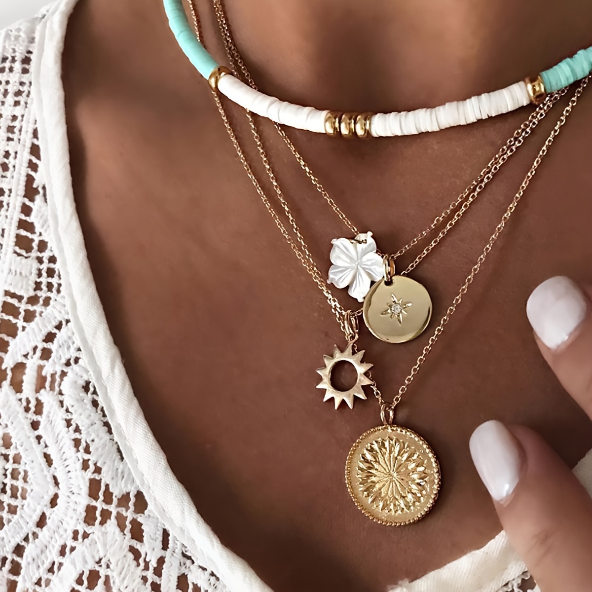 

2pcs Sun Flower Pendant Necklace Soft Pottery Decor Clavicle Chain Multi-layer Necklace Jewelry For Women