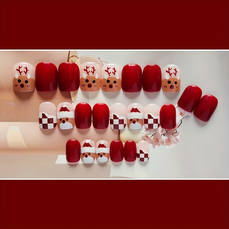 24pcs short square shape press on nails fake nail with deer chessboard pattern decor full cover nails for women details 2