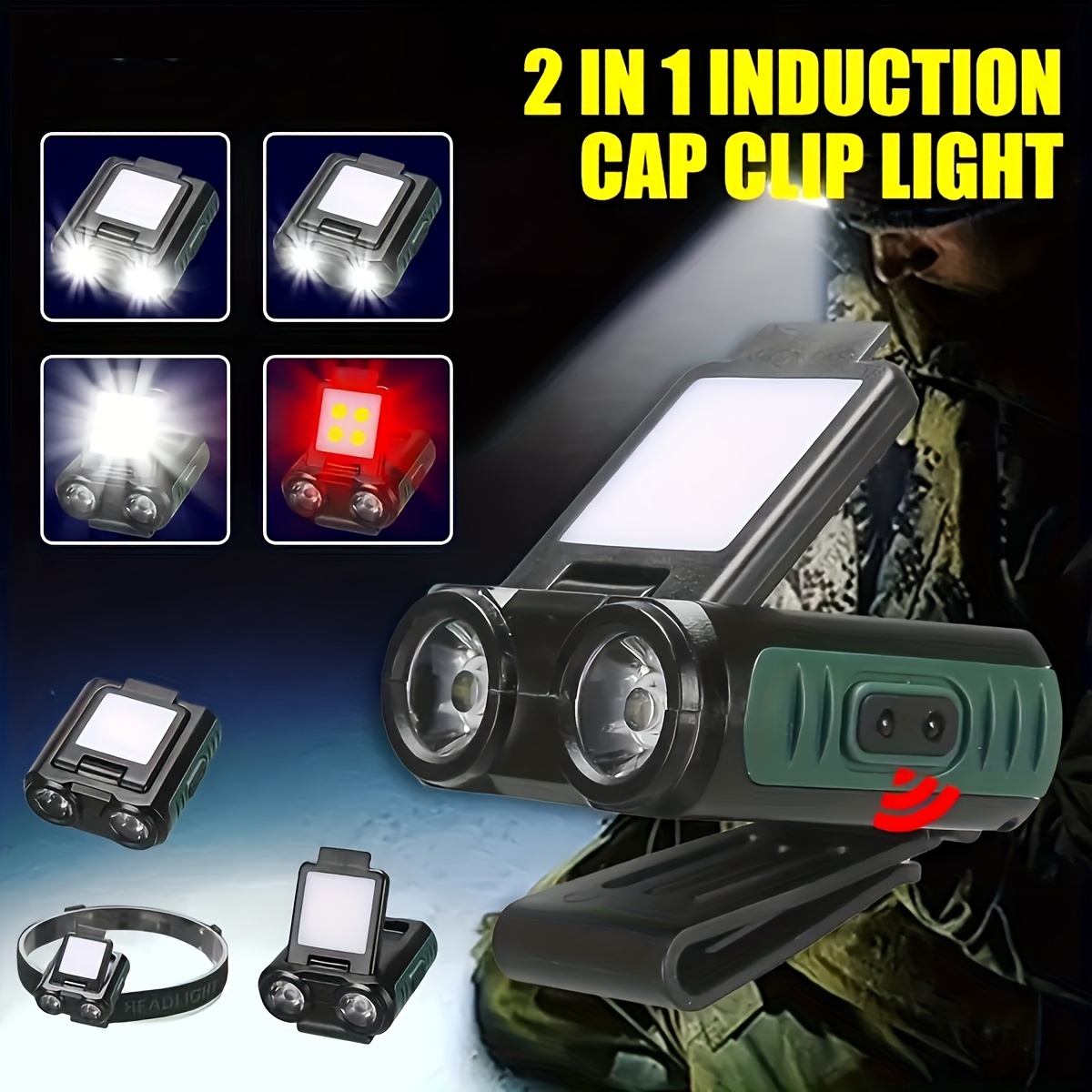 Cap clip lampe frontale induction LED lampe frontale rechargeable USB lampe  frontale LED lampe frontale de camping portable lampe de pêche