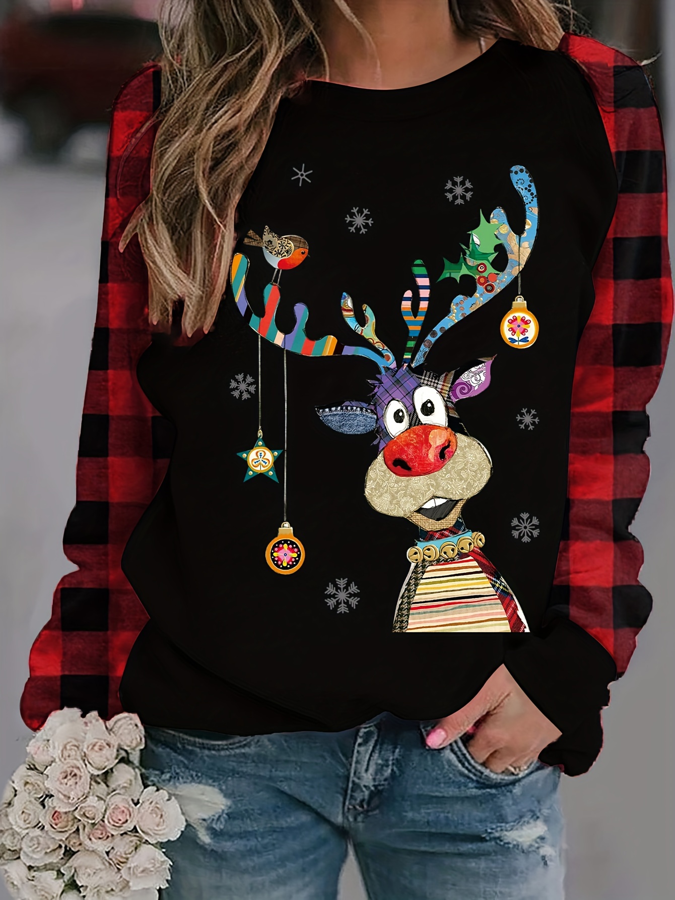 Plus Size Christmas Casual T-shirt, Women's Plus Snowman & Wreath Print  Long Sleeve Round Neck Slight Stretch Top