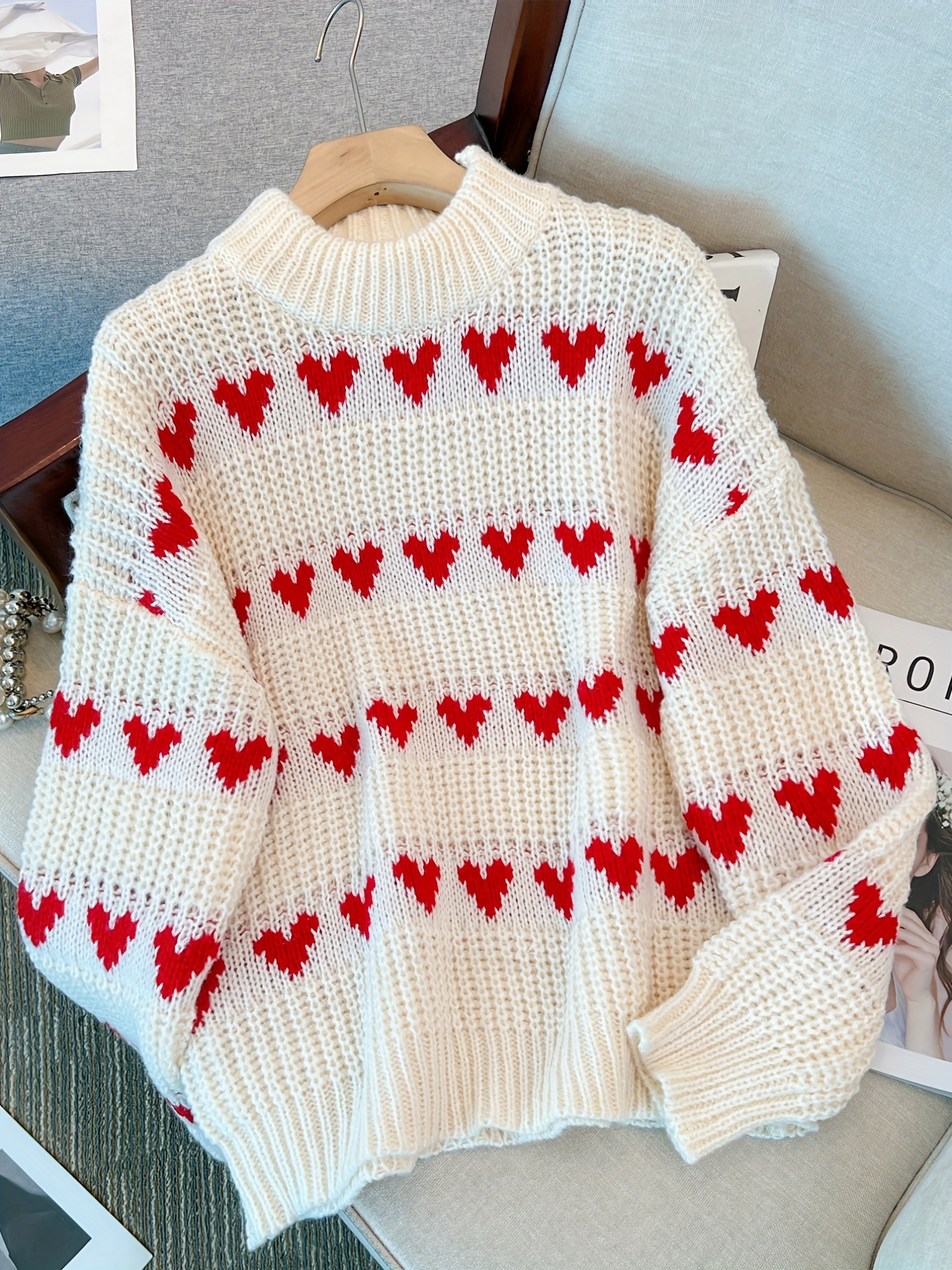 Heart Pattern-Knit Turtle-Neck Sweater