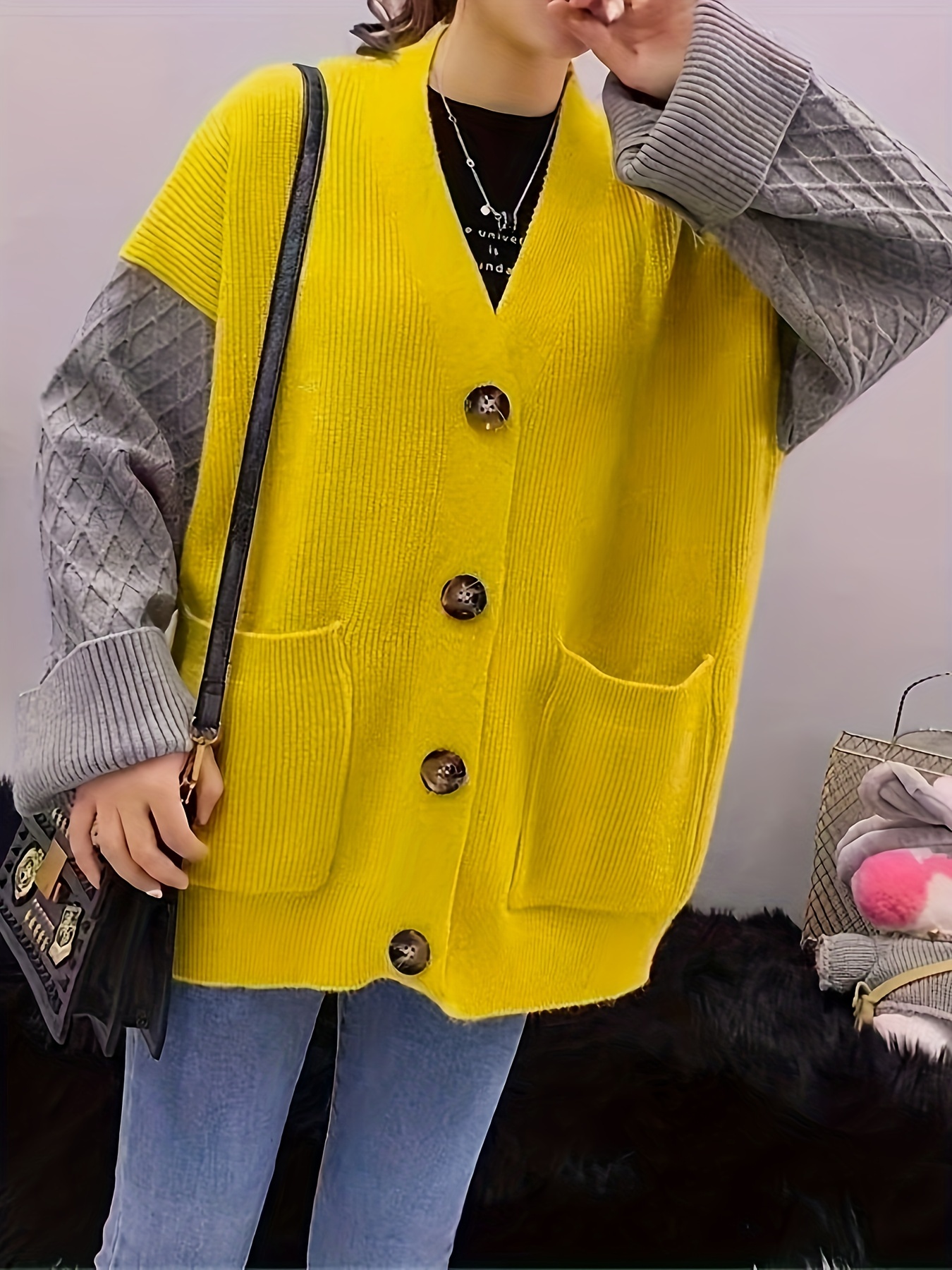 Color Block Button Down Knit Cardigan, Casual Long Sleeve Sweater With  Pocket, Women's Clothing - Temu United Arab Emirates