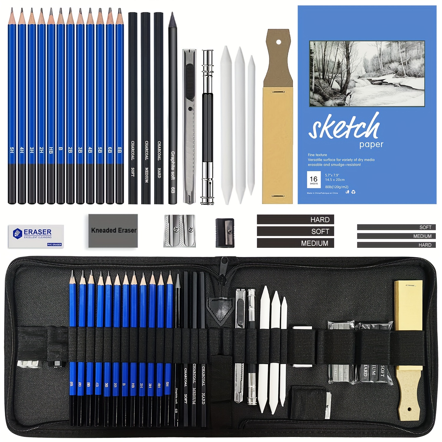Kalour 34 Pieces Of Professional Drawing Kit, Sketch Pencil Set,  Professional Art Sketch Supplies, With 1 Sketch Book, Portable Zipper  Travel Box, Cha