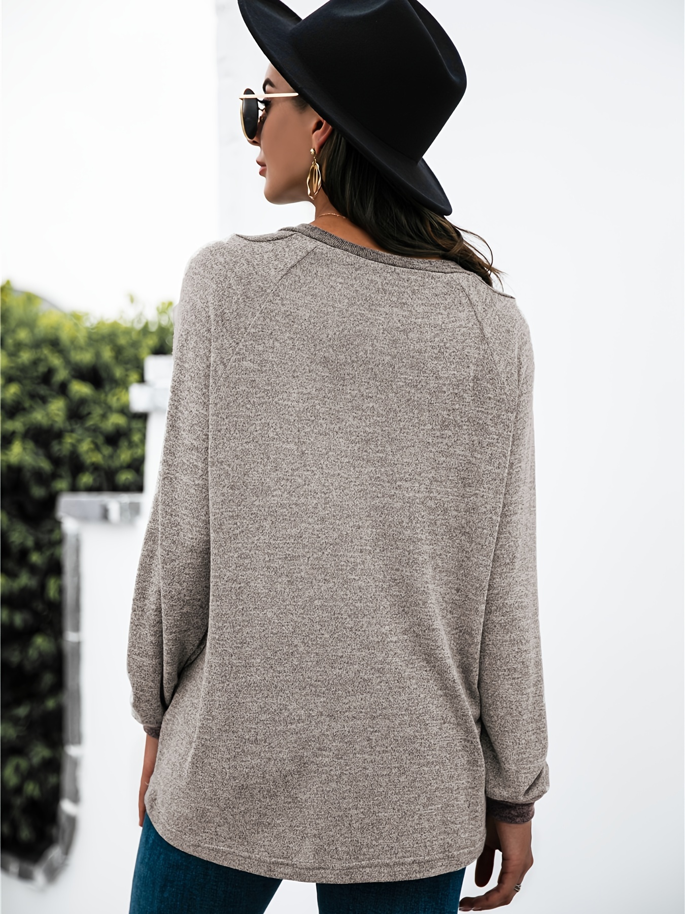 Round Neck Long Sleeve Stitch Color T-shirt, Casual Loose Comfy Stylish  Every Day T-shirt, Women's Clothing
