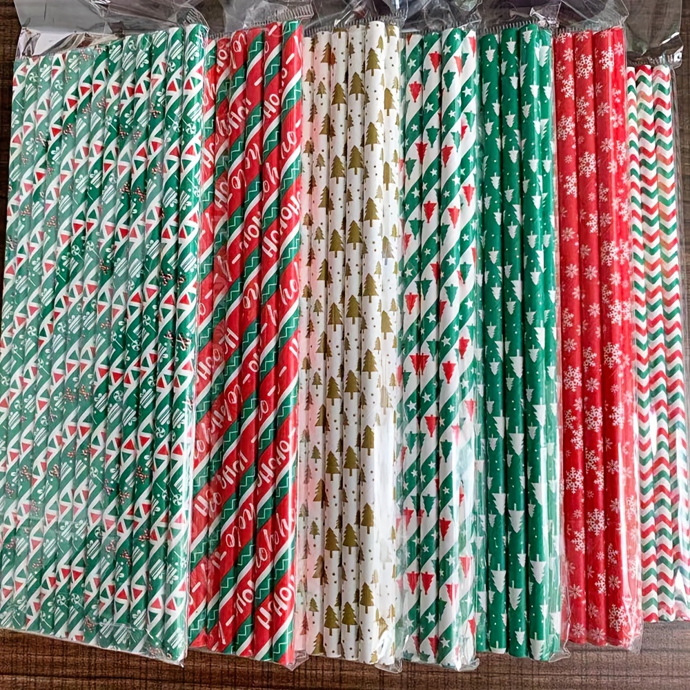 25pcs/pack Disposable Paper Straws, Kraft Paper Straws With Christmas  Patterns, Santa, Red/green Triangles, Red/green Trees, Red/green/white  Stripes, Ideal For Party, Birthday, Dinner Decoration