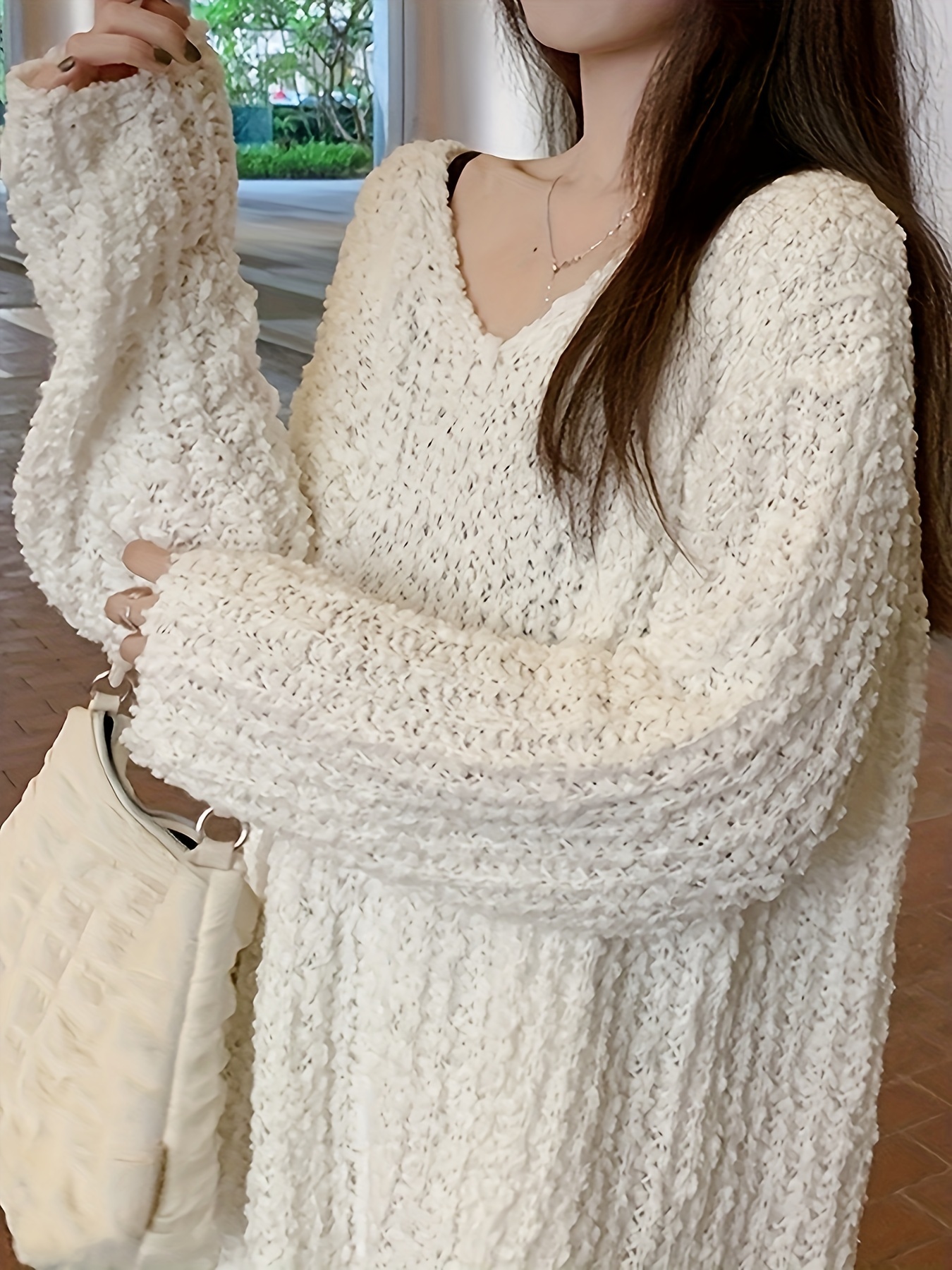 Solid V Neck Fuzzy Pullover Sweater Casual Long Sleeve - Temu